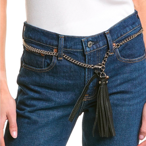 NEW!Gucci Women's Chain Tassel Gold Black Leather Belt/Necklace 75